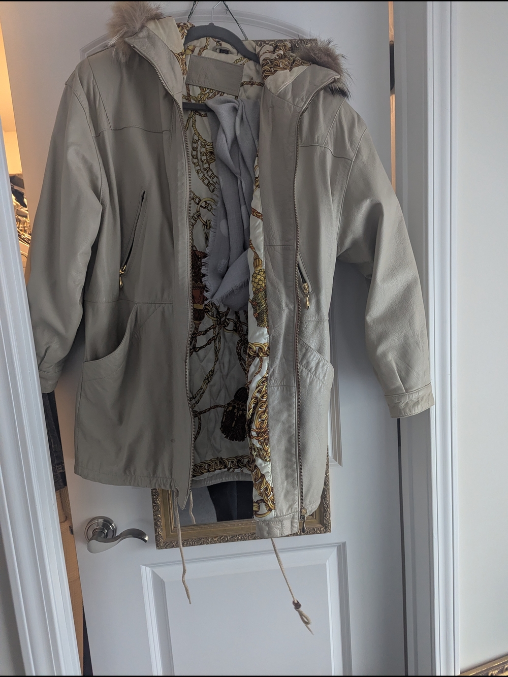 Jacqueline Ferraia Women's Beige Leather-Trim Parka Jacket with Faux Fur Hood